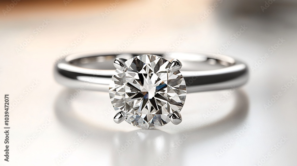 Solitaire engagement ring with a round diamond resting on a clean minimalistic surface emphasizing the brilliance and elegance of the gemstone Solitaire engagement ring with a round diamond resting on a clean minimalistic surface emphasizing the brilliance and elegance of the gemstone