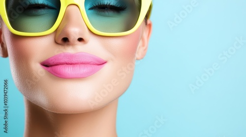  A mannequin head dons yellow sunglasses against a blue backdrop Its lips are painted pink, and blue eyeshadow accentuates its eyes