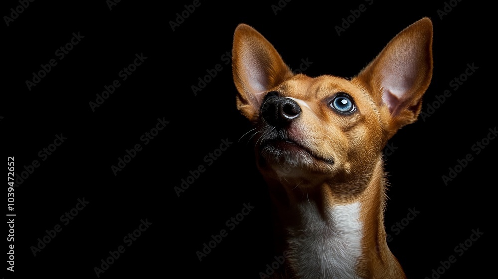 A tight shot of a poised dog gazing upward, its expressive eyes conveying surprise, against a black backdrop A tight shot of a poised dog gazing upward, its expressive eyes conveying surprise, against a black backdrop