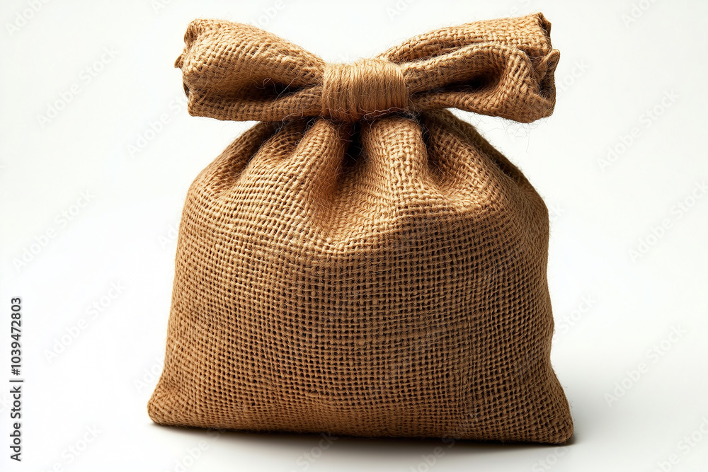 Sack made of burlap tied with a bow, displayed against a plain white background for a rustic and natural aesthetic Sack made of burlap tied with a bow, displayed against a plain white background for a rustic and natural aesthetic