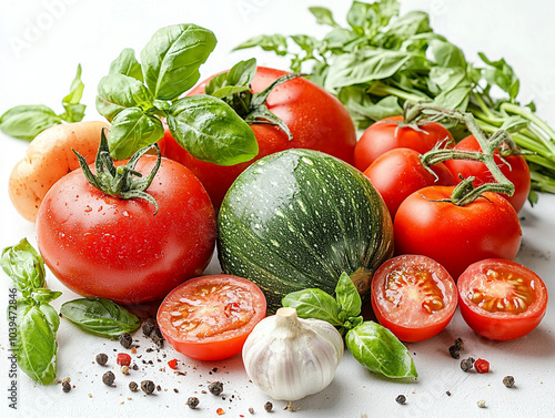 Freshly picked vegetables for ratatouille a colorful collection of tomatoes garlic and basil isolated on a clean background photo