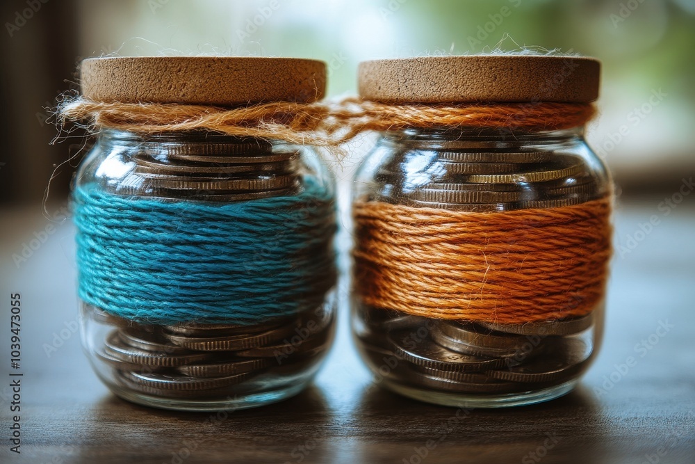 Glass Jars with Coins Wrapped in Blue and Orange Yarn Glass Jars with Coins Wrapped in Blue and Orange Yarn