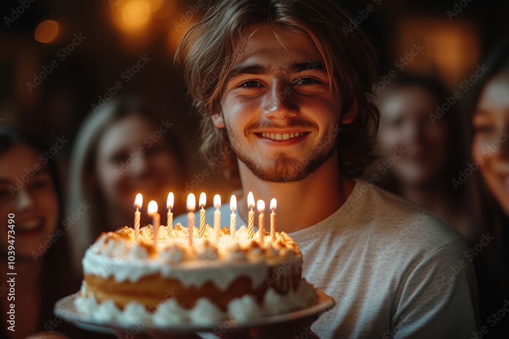 A young man smiles joyfully while holding a birthday cake with candles surrounded by friends in a celebratory atmosphere A young man smiles joyfully while holding a birthday cake with candles surrounded by friends in a celebratory atmosphere