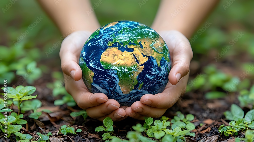 Protecting Our Planet: Hands Holding a Globe with Lush Greenery Surrounding It Protecting Our Planet: Hands Holding a Globe with Lush Greenery Surrounding It
