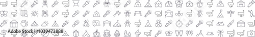 Bundle of Camping Related Line Icons. Editable Stroke for Design, Web Sites, Apps, Cards. Contains Linear Images of Flashlight, Diving Mask, Tent, Axe, Insect