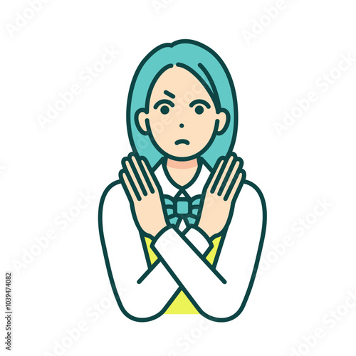 胸の前で手を交差し拒否を表すジェスチャー。手でバツを作る女子高生のベクターイラスト素材。