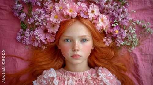  A young girl with red hair reclines on a bed of pink flowers, dressed in a pink gown and adorned with a flower crown