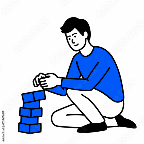 Man take wooden brick play wooden block jenga game vector  art illustration