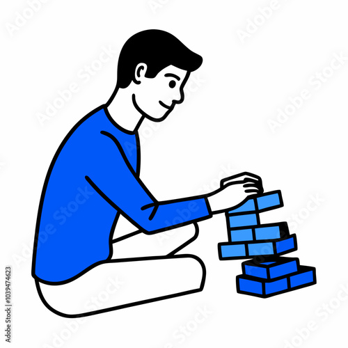 Man take wooden brick play wooden block jenga game vector  art illustration