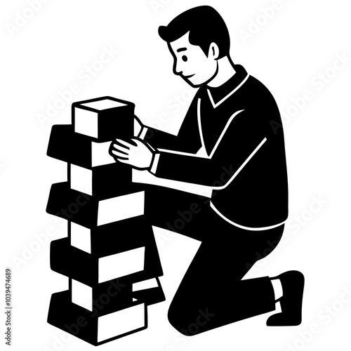 Man take wooden brick play wooden block jenga game vector  art illustration