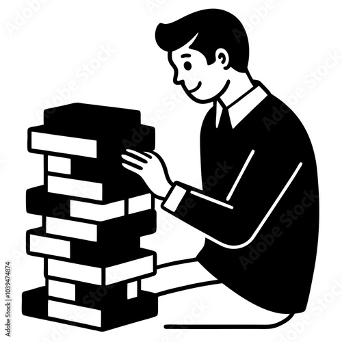 Man take wooden brick play wooden block jenga game vector  art illustration