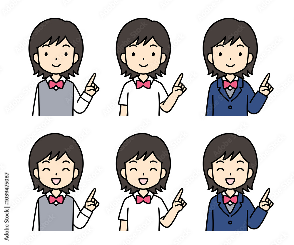 シンプルでかわいい学生イラスト(指差し・上半身・女の子) シンプルでかわいい学生イラスト(指差し・上半身・女の子)