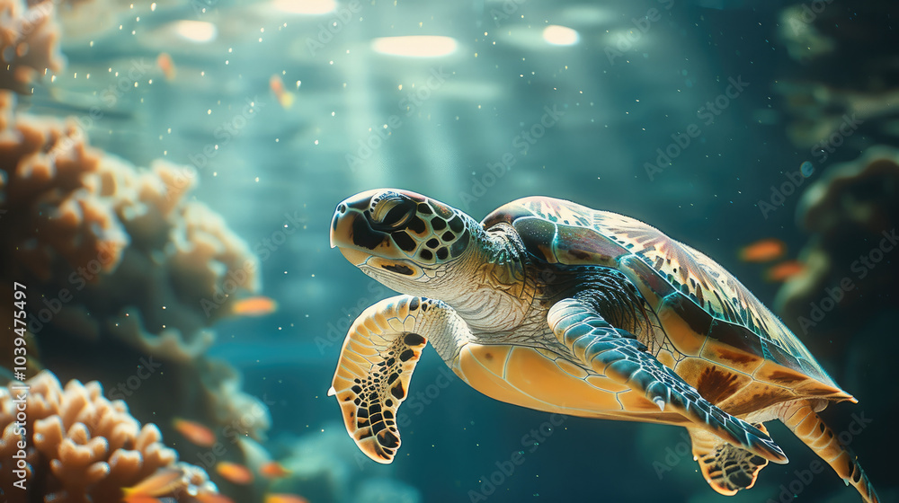 Fototapeta premium A sea turtle swimming gracefully underwater, its shell detailed in bright sunlight, minimalistic blurred coral reef background.