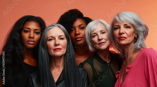 Five diverse women of various ages smiling together in front of a peach-colored backdrop during a casual gathering in the afternoon