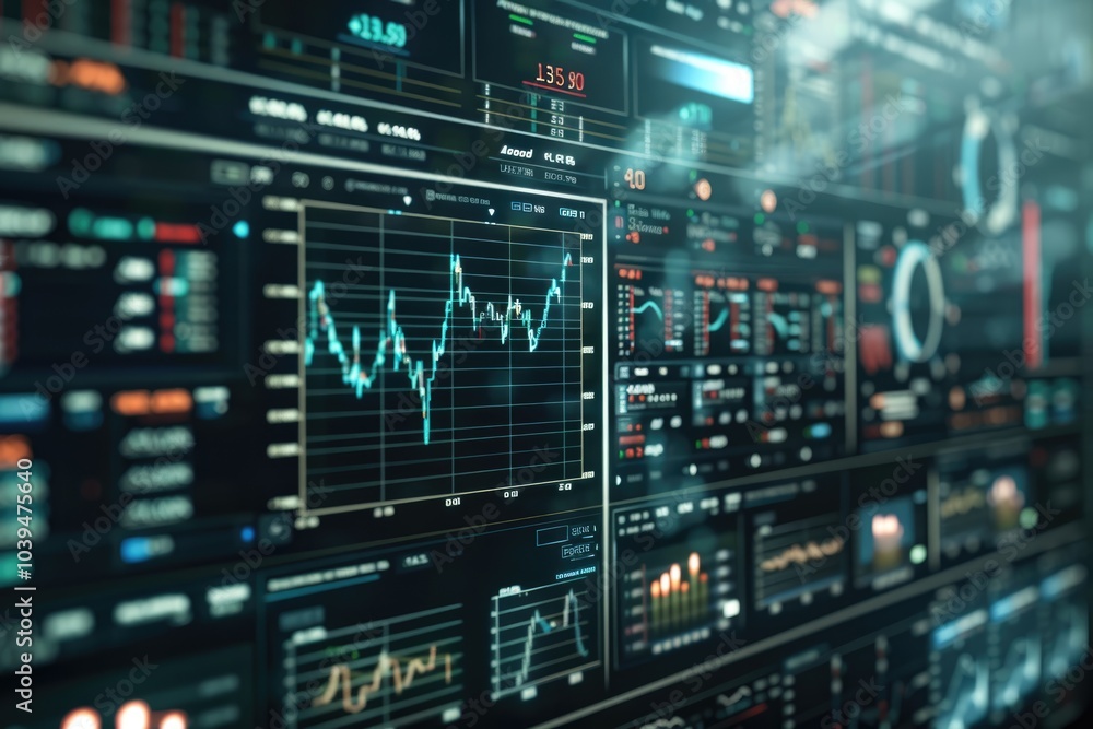 AI-driven stock market analysis on a sleek digital screen, showcasing advanced financial tools and real-time data AI-driven stock market analysis on a sleek digital screen, showcasing advanced financial tools and real-time data