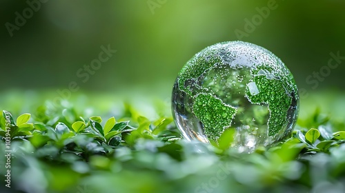 Glass Globe Resting on Lush Green Foliage: Symbol of Sustainability and Environmental Awareness