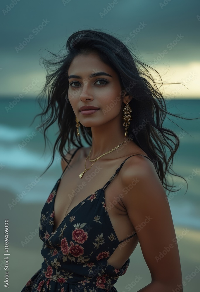 Photoshoot of indian woman in flowy sundress. Tropical beach, clouds above ocean. India fashion, beauty and glamour concept. Photoshoot of indian woman in flowy sundress. Tropical beach, clouds above ocean. India fashion, beauty and glamour concept.
