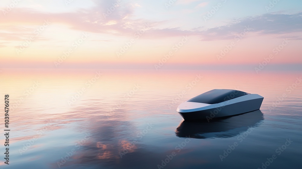A sleek autonomous vessel cruising silently across a calm sea, piloted by AI with no crew on board