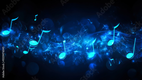 Vibrant blue musical notes swirling through a dark background, creating a dynamic atmosphere of rhythm and sound