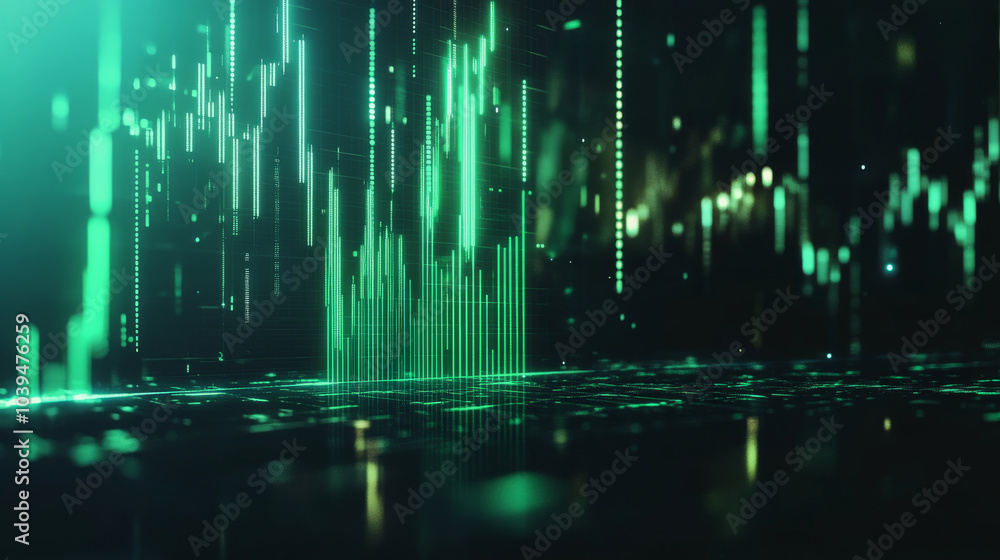 A holographic candlestick chart, glowing green against a dark backdrop, represents the world of trading and the stock market. A holographic candlestick chart, glowing green against a dark backdrop, represents the world of trading and the stock market.