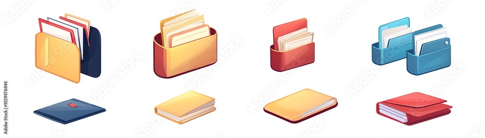 Colorful file folders and books on white background. Colorful file folders and books on white background.