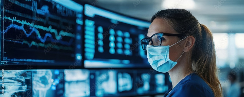 Healthcare professional using VR headset for virtual care simulation, immersive medical technology, telehealth, virtual technology Healthcare professional using VR headset for virtual care simulation, immersive medical technology, telehealth, virtual technology