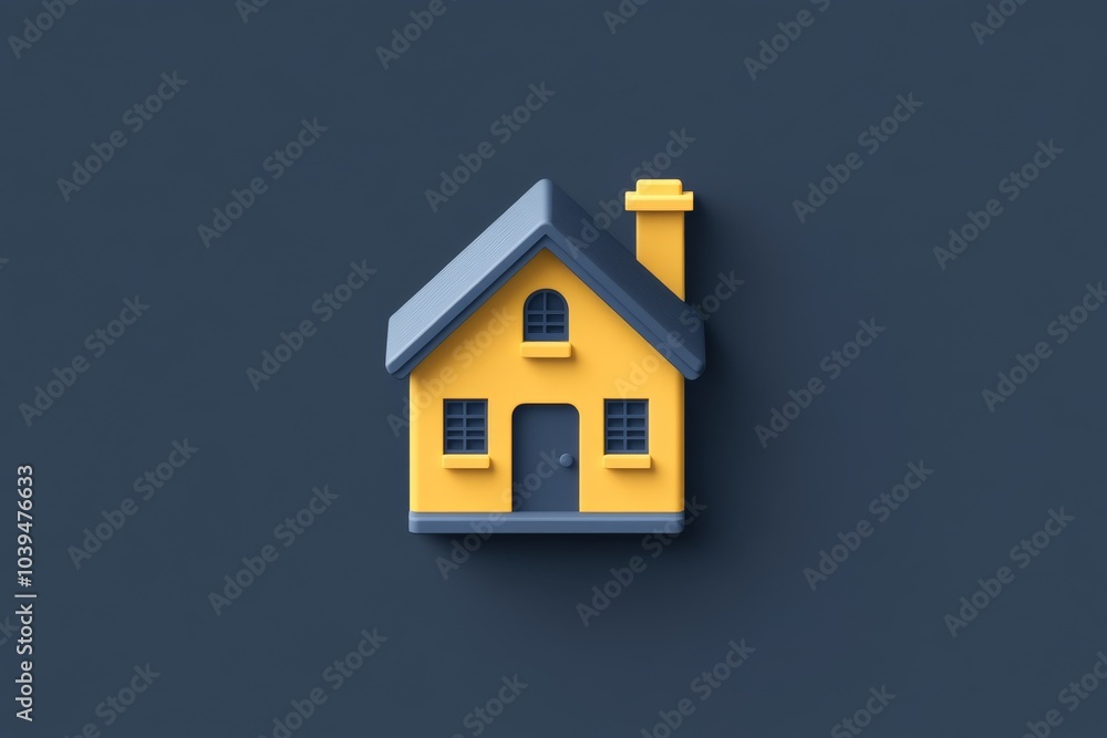 Realistic 3D rendering of a yellow house with a chimney on a plain blue background blending modern design and playful illustration with smooth textures and clean geometry Realistic 3D rendering of a yellow house with a chimney on a plain blue background blending modern design and playful illustration with smooth textures and clean geometry