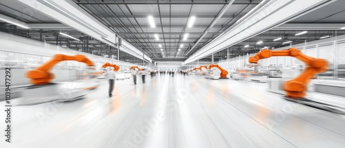 Very realistic photo of a sleek, white factory floor with orange robotic arms working at high speed, while motion-blurred workers complete tasks The long exposure captures the fast-paced efficiency