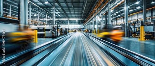 Very realistic and photographic photo of a sleek, modern warehouse interior with automation machinery and blurred workers moving efficiently The long exposure technique creates a sense of dynamic