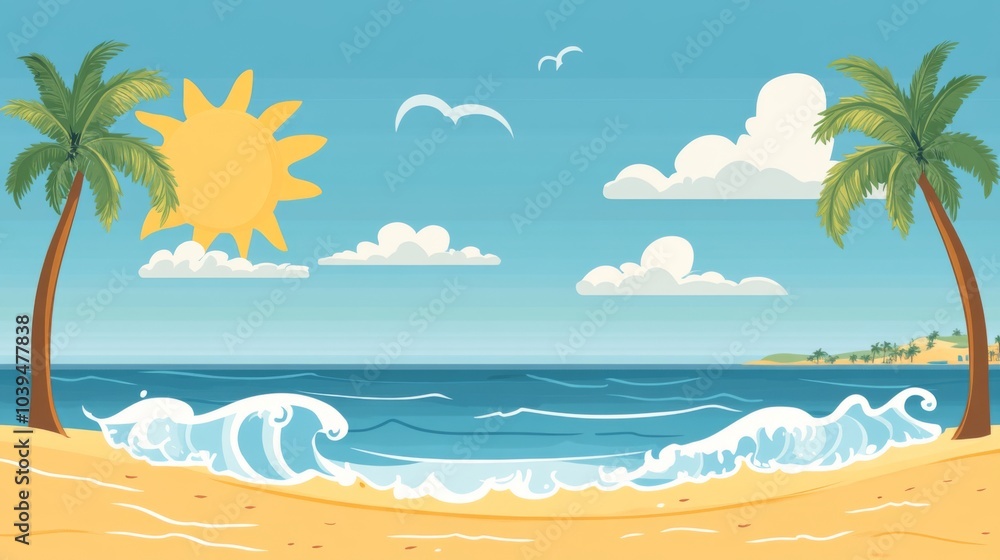 Tropical Beach with Palm Trees and Waves. Tropical Beach with Palm Trees and Waves.