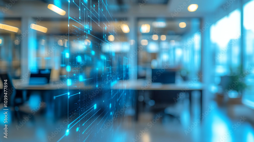 A blurry office scene with a digital blue circuit grid overlaid on top. It represents technology, innovation, and artificial intelligence. The design is a visual concept for a website landing page. A blurry office scene with a digital blue circuit grid overlaid on top. It represents technology, innovation, and artificial intelligence. The design is a visual concept for a website landing page.