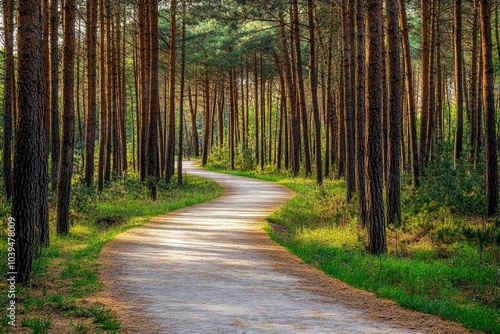 Bicycle path winding through a pine forest, inviting and serene