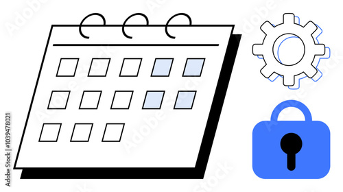 Calendar paired with a gear symbol and padlock. Ideal for time management, schedules, planning, security, and settings themes. Simplistic, modern vector style with blue and white colours