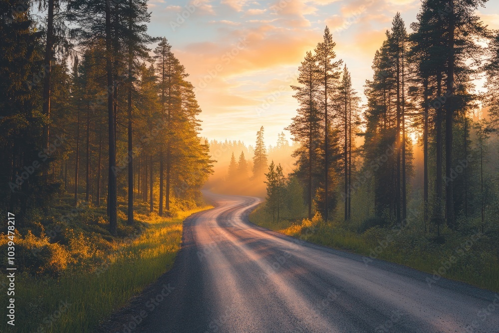 Road through a pine forest at sunrise, warm light creating a peaceful scene Road through a pine forest at sunrise, warm light creating a peaceful scene