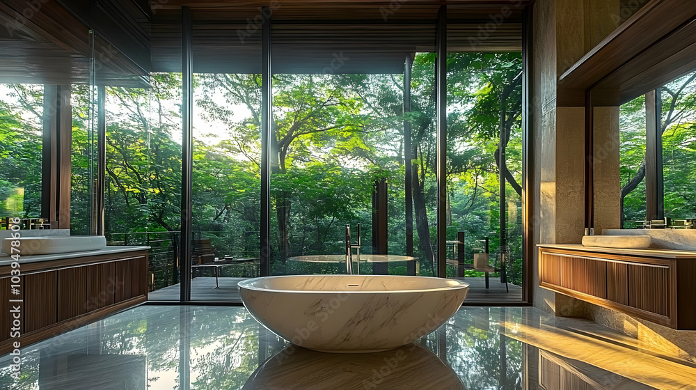 Luxurious Bathroom with Large Windows and Natural Light Luxurious Bathroom with Large Windows and Natural Light