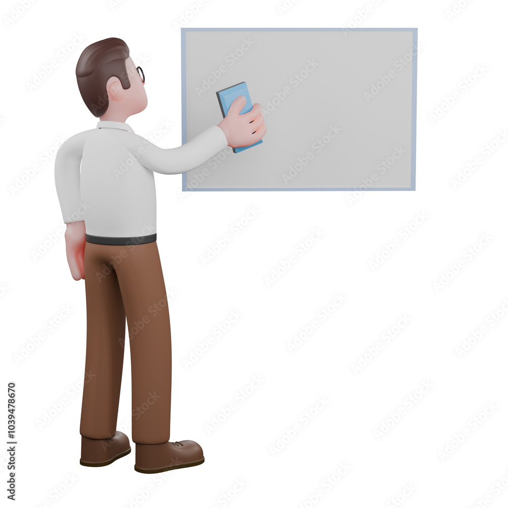 Professional Sociologist Animation. A male sociologist standing in front of a blank whiteboard holding a blue eraser. Cartoon Illustration