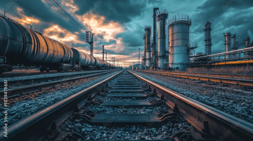 Fototapeta premium Industrial Landscape with Railways Under Cloudy Sky