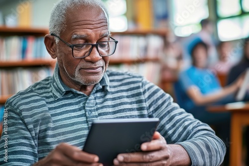 Senior man in a digital literacy class, learning to use a tablet for reading eBooks and accessing online resources