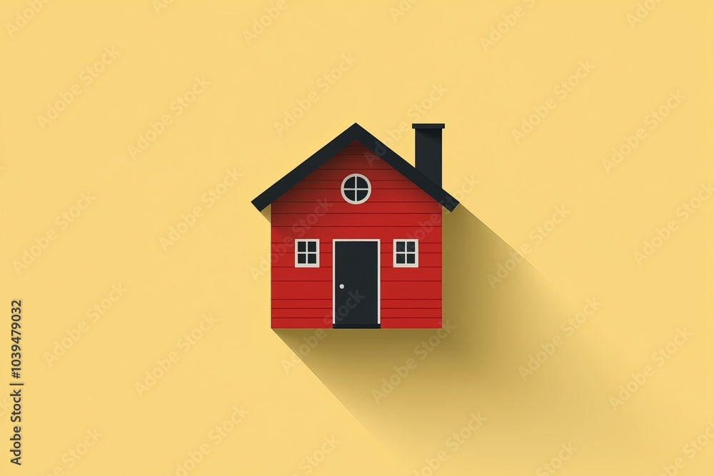 Minimalist red house with a black roof and chimney set against a yellow background using simple geometric shapes to evoke modern architecture and suburban living Minimalist red house with a black roof and chimney set against a yellow background using simple geometric shapes to evoke modern architecture and suburban living