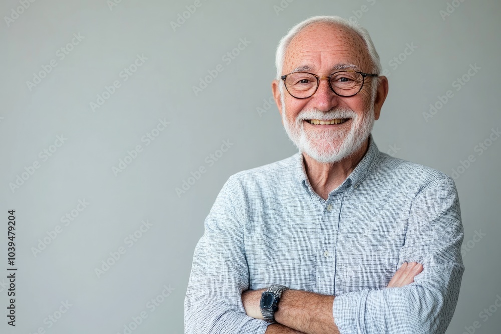 Elderly man, smiling broadly, standing against a solid light gray background with room for messaging Elderly man, smiling broadly, standing against a solid light gray background with room for messaging