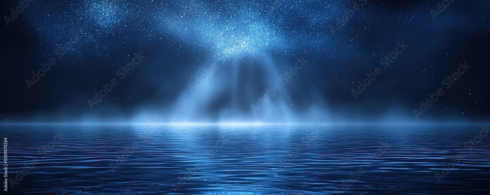 Abstract background of dark blue with light rays and mist, spotlight on an asphalt floor for display products. Dark scene with reflections from the water surface Abstract background of dark blue with light rays and mist, spotlight on an asphalt floor for display products. Dark scene with reflections from the water surface