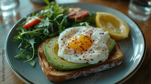 A hearty and healthy breakfast plate with whole grain toast, smashed avocado, a poached egg, and a sprinkle of chili flakes, served alongside a small arugula salad with lemon dressing