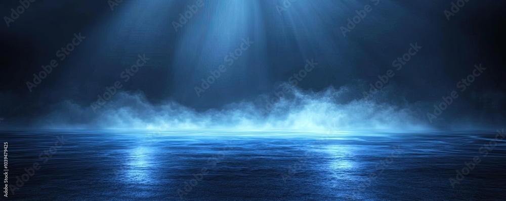 Abstract background of dark blue with light rays and mist, spotlight on an asphalt floor for display products. Dark scene with reflections from the water surface Abstract background of dark blue with light rays and mist, spotlight on an asphalt floor for display products. Dark scene with reflections from the water surface