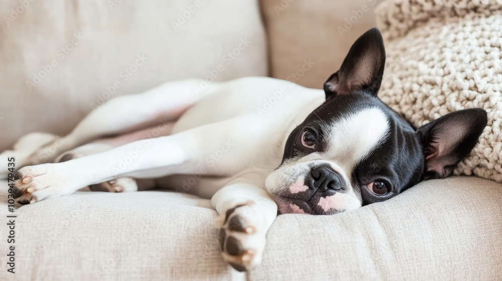 A black-and-white dog lies on a couch, head propped on the arm, gaze directed at the camera A black-and-white dog lies on a couch, head propped on the arm, gaze directed at the camera