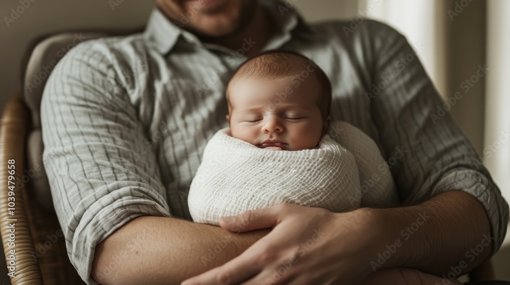 Very realistic photo of a newborn baby swaddled in a white blanket, resting in his father’s arms with soft natural light streaming in The father’s calm expression and gentle smile highlight the Very realistic photo of a newborn baby swaddled in a white blanket, resting in his father’s arms with soft natural light streaming in The father’s calm expression and gentle smile highlight the