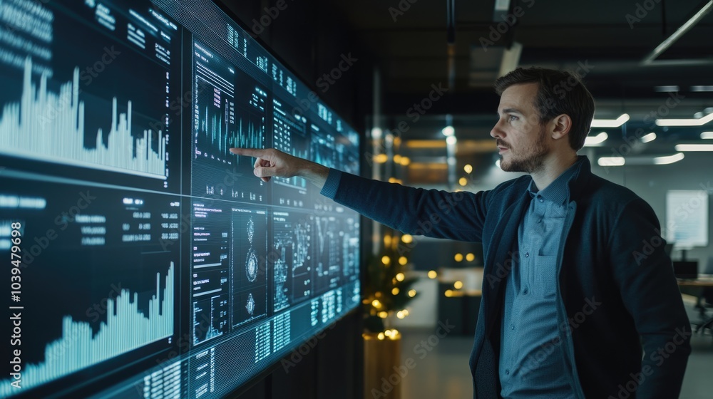 Very realistic photo of an AI developer pointing to digital screens displaying AI financial data during a presentation The office is sleek and modern, with bright lighting and large displays