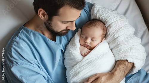 Very realistic photo of a newborn baby wrapped in a soft white blanket, peacefully resting in his fatherâ€™s arms The father, in a simple blue hospital gown, gazes lovingly at his sleeping child,