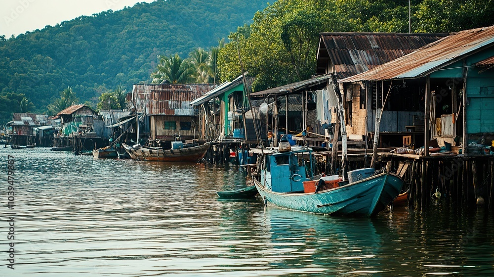 A small boat docked in a quaint village, used for artisanal fishing, with locals preparing for the day’s catch A small boat docked in a quaint village, used for artisanal fishing, with locals preparing for the day’s catch
