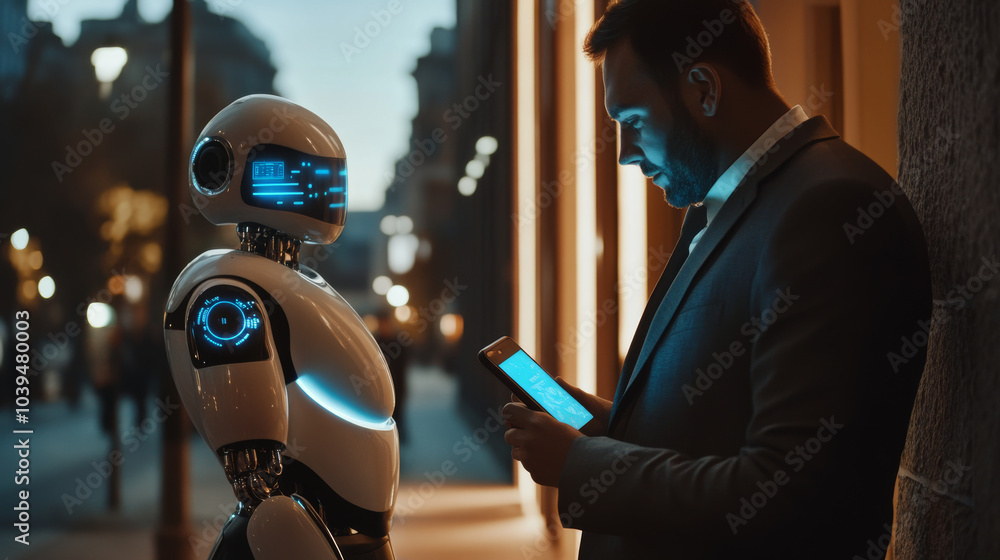 A businessman uses his phone, and a helpful AI robot appears next to him, ready to assist. This image represents using AI for customer service and chatbots. A businessman uses his phone, and a helpful AI robot appears next to him, ready to assist. This image represents using AI for customer service and chatbots.