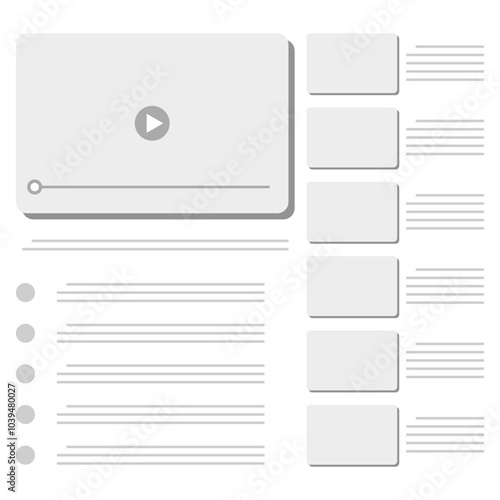 Abstract video interface layout with content cards and text placeholders. Illustrating modern web designs, video platforms, or online learning systems, clean and organized user experience depiction.